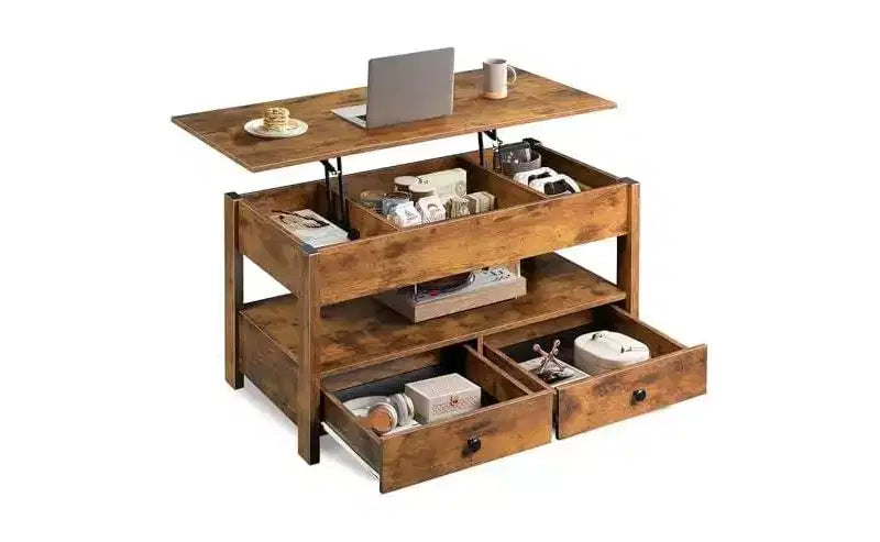 Table basse DEXYLLO, Table à plateau relevable pour salon et salle à manger, Table basse relevable avec 2 tiroirs, Grand rangement et étagère ouverte