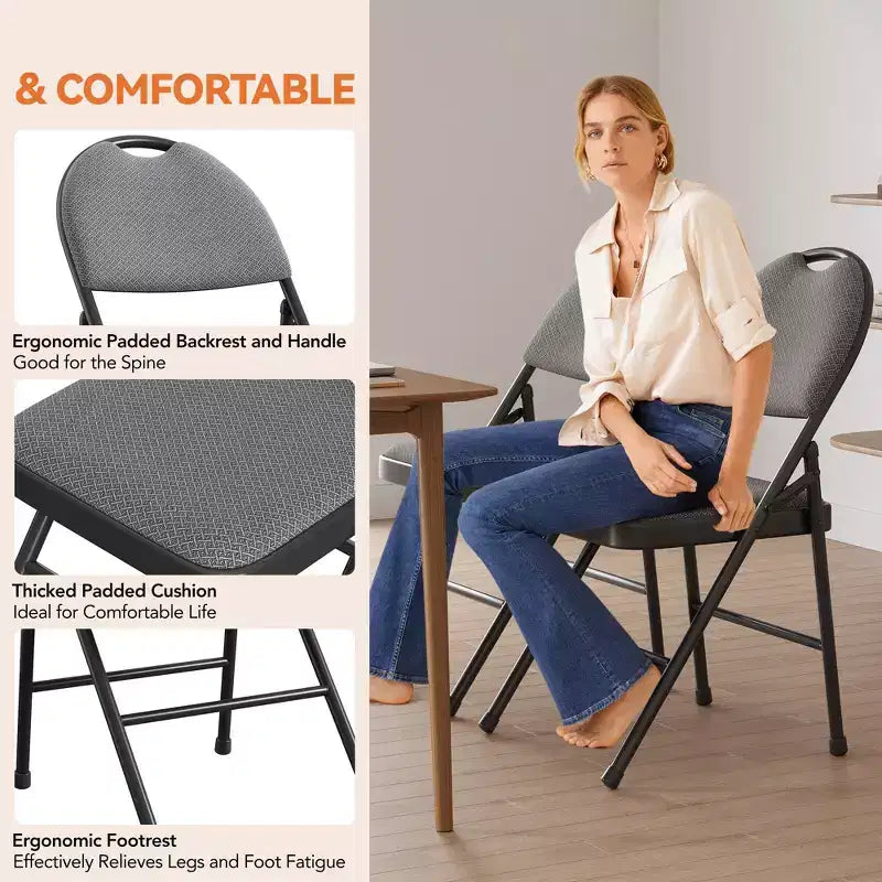 Lot de 6 chaises pliantes Chaises pliantes en tissu avec sièges rembourrés, cadre en métal, empilables, intérieur/extérieur Pour la maison, le bureau, les fêtes, les événements