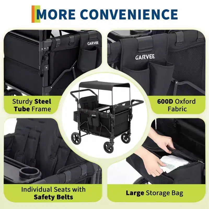 Poussette chariot 4 places – Chariot tout-terrain premium pour enfants avec plateau à goûter, auvent amovible, poignée réglable à pousser/tirer et pliage, noir