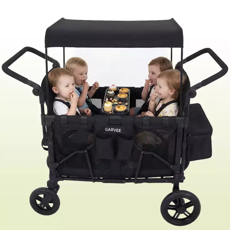 Poussette chariot 4 places – Chariot tout-terrain premium pour enfants avec plateau à goûter, auvent amovible, poignée réglable à pousser/tirer et pliage, noir