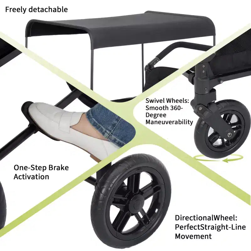 Poussette chariot 4 places – Chariot tout-terrain premium pour enfants avec plateau à goûter, auvent amovible, poignée réglable à pousser/tirer et pliage, noir