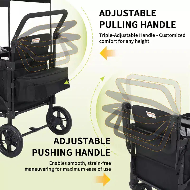 Poussette chariot 4 places – Chariot tout-terrain premium pour enfants avec plateau à goûter, auvent amovible, poignée réglable à pousser/tirer et pliage, noir