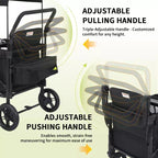 Poussette chariot 4 places – Chariot tout-terrain premium pour enfants avec plateau à goûter, auvent amovible, poignée réglable à pousser/tirer et pliage, noir