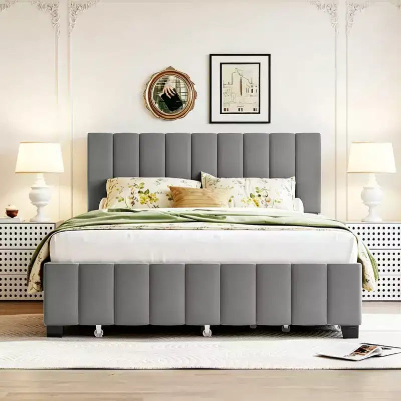 Lit plateforme moderne Luxystar Queen en velours rembourré avec 2 tiroirs et lit gigogne,
