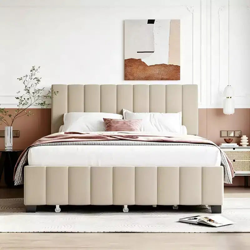Lit plateforme moderne Luxystar Queen en velours rembourré avec 2 tiroirs et lit gigogne,