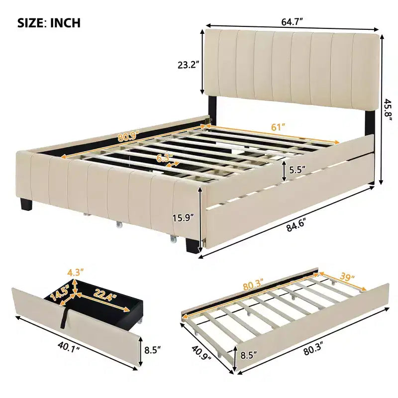 Lit plateforme moderne Luxystar Queen en velours rembourré avec 2 tiroirs et lit gigogne,