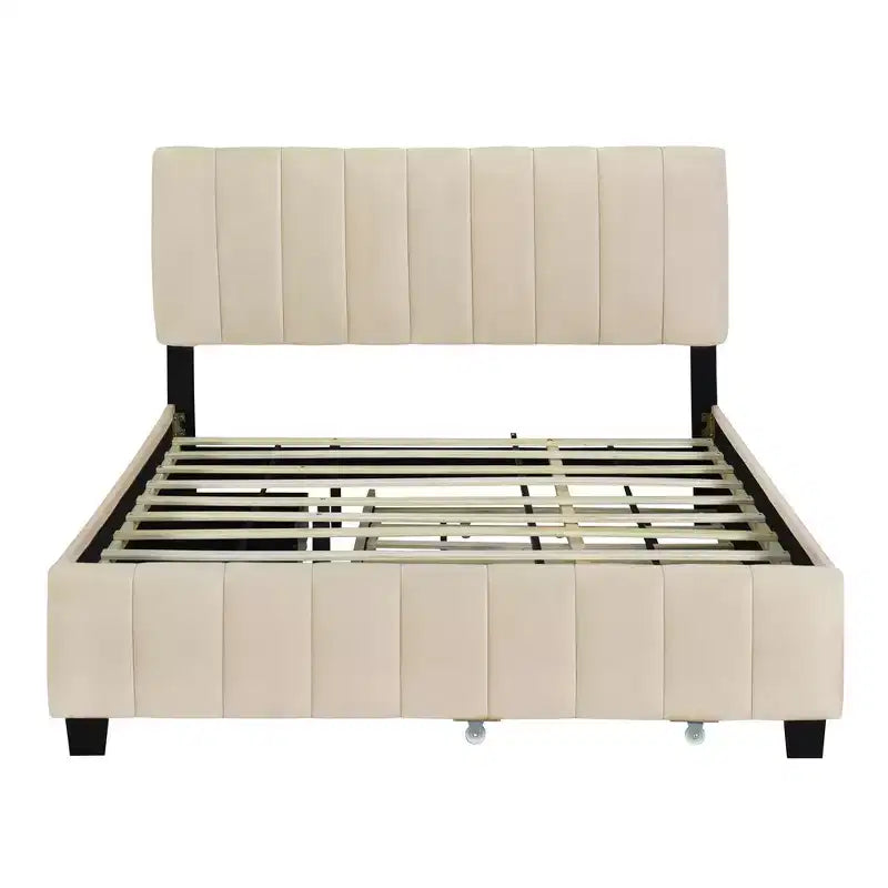 Lit plateforme moderne Luxystar Queen en velours rembourré avec 2 tiroirs et lit gigogne,