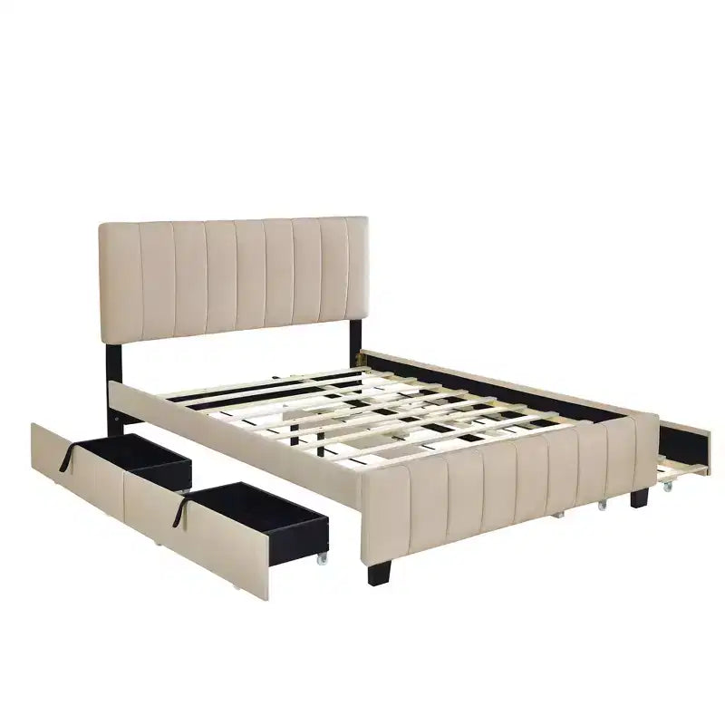 Lit plateforme moderne Luxystar Queen en velours rembourré avec 2 tiroirs et lit gigogne,