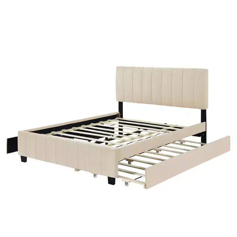 Lit plateforme moderne Luxystar Queen en velours rembourré avec 2 tiroirs et lit gigogne,