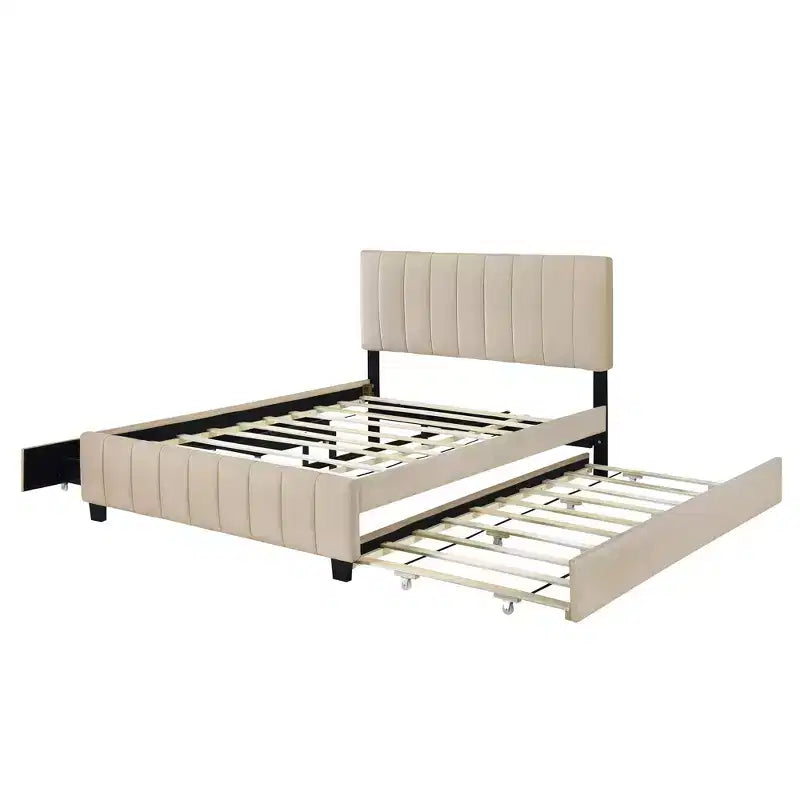 Lit plateforme moderne Luxystar Queen en velours rembourré avec 2 tiroirs et lit gigogne,