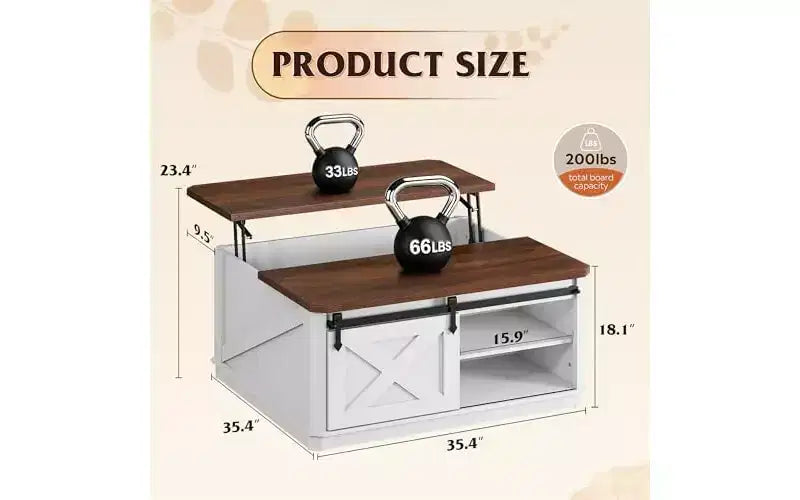 DEXYLLO Table basse de ferme avec rangement, table basse relevable de 90 cm pour salon, table centrale carrée