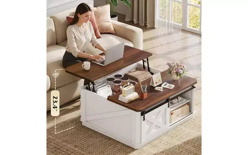 DEXYLLO Table basse de ferme avec rangement, table basse relevable de 90 cm pour salon, table centrale carrée