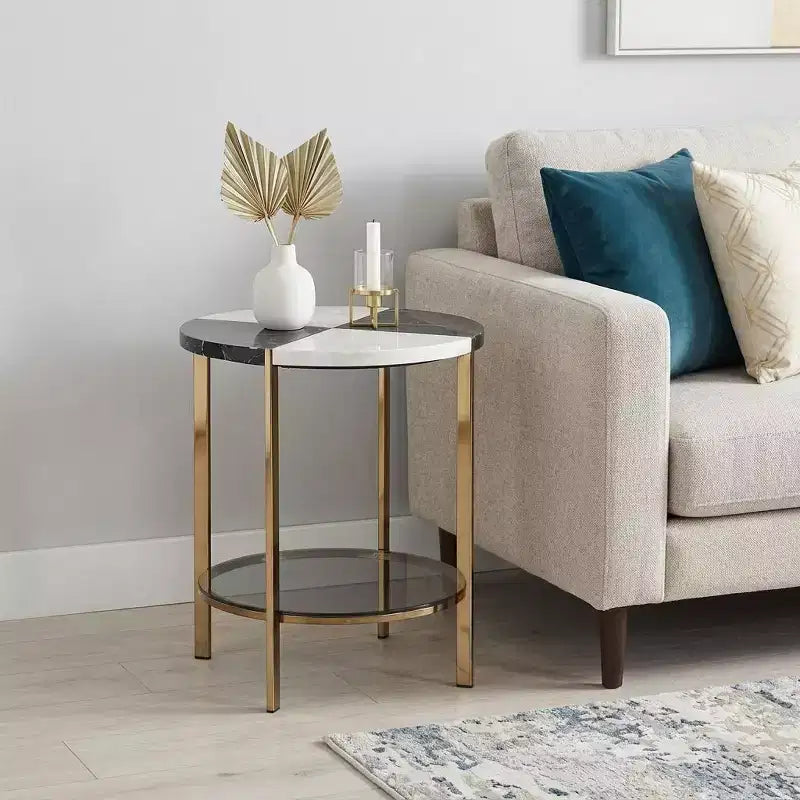 Table d'appoint ronde HomeRoots 24 en bois manufacturé noir et fer avec deux étagères