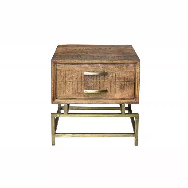 HomeRoots 21 Brass And Brown Solid Wood And Iron Square End Table With Drawer