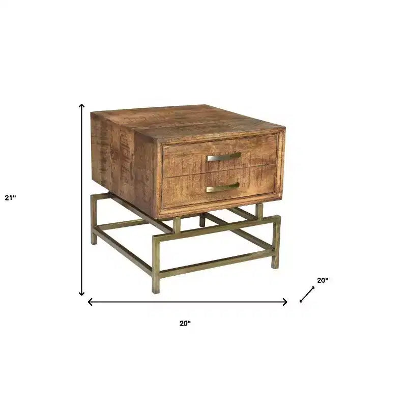 HomeRoots Table d'appoint carrée avec tiroir en bois massif et fer, laiton et brun, 21 po