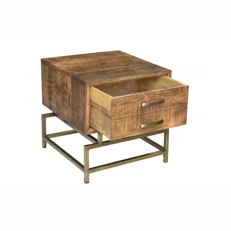 HomeRoots Table d'appoint carrée avec tiroir en bois massif et fer, laiton et brun, 21 po