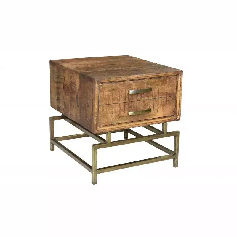 HomeRoots Table d'appoint carrée avec tiroir en bois massif et fer, laiton et brun, 21 po