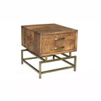 HomeRoots Table d'appoint carrée avec tiroir en bois massif et fer, laiton et brun, 21 po
