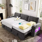 Canapé-lit 84 po avec rangement et station de recharge, Canapé sectionnel convertible avec lit gigogne, Canapé en velours pour salon