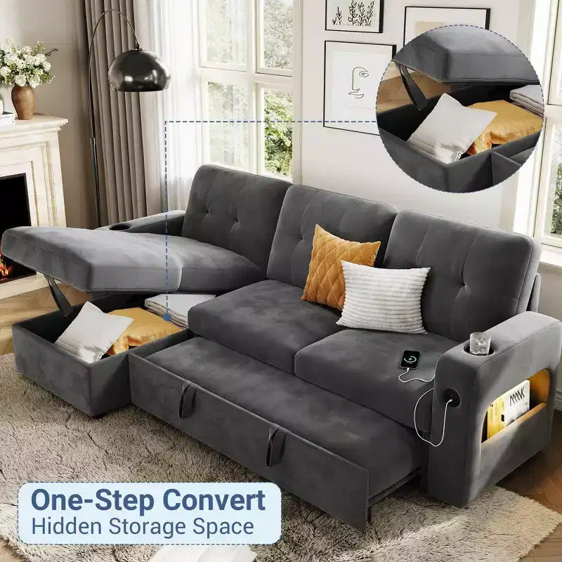 Canapé-lit 84 po avec rangement et station de recharge, Canapé sectionnel convertible avec lit gigogne, Canapé en velours pour salon