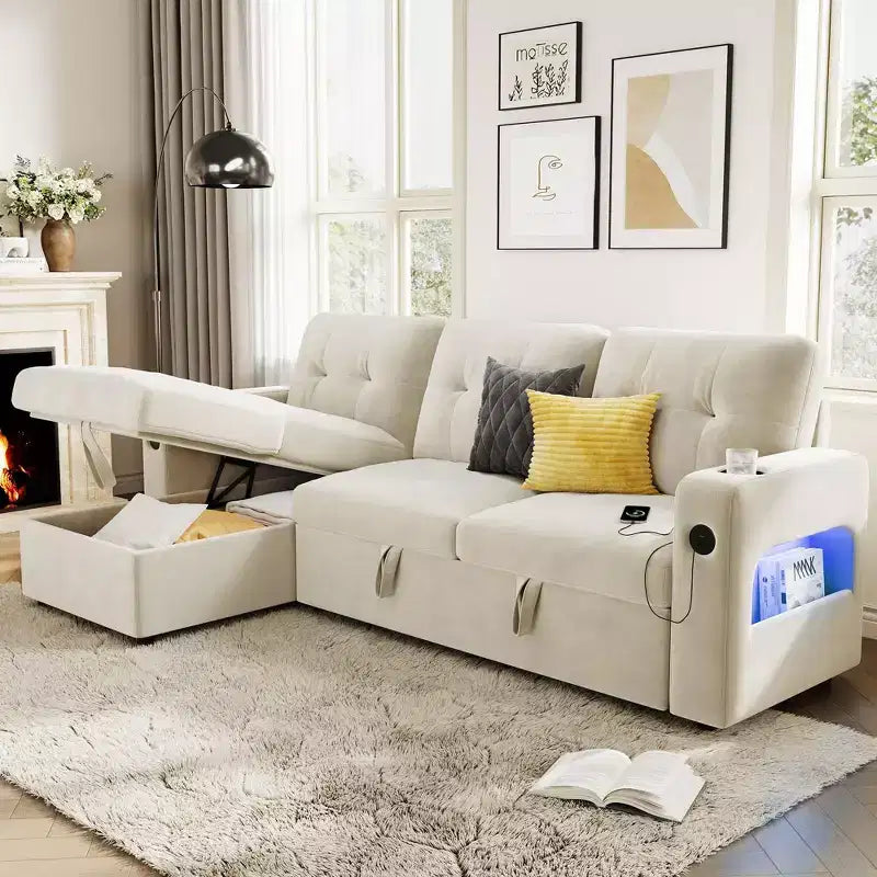 Canapé-lit 84 po avec rangement et station de recharge, Canapé sectionnel convertible avec lit gigogne, Canapé en velours pour salon