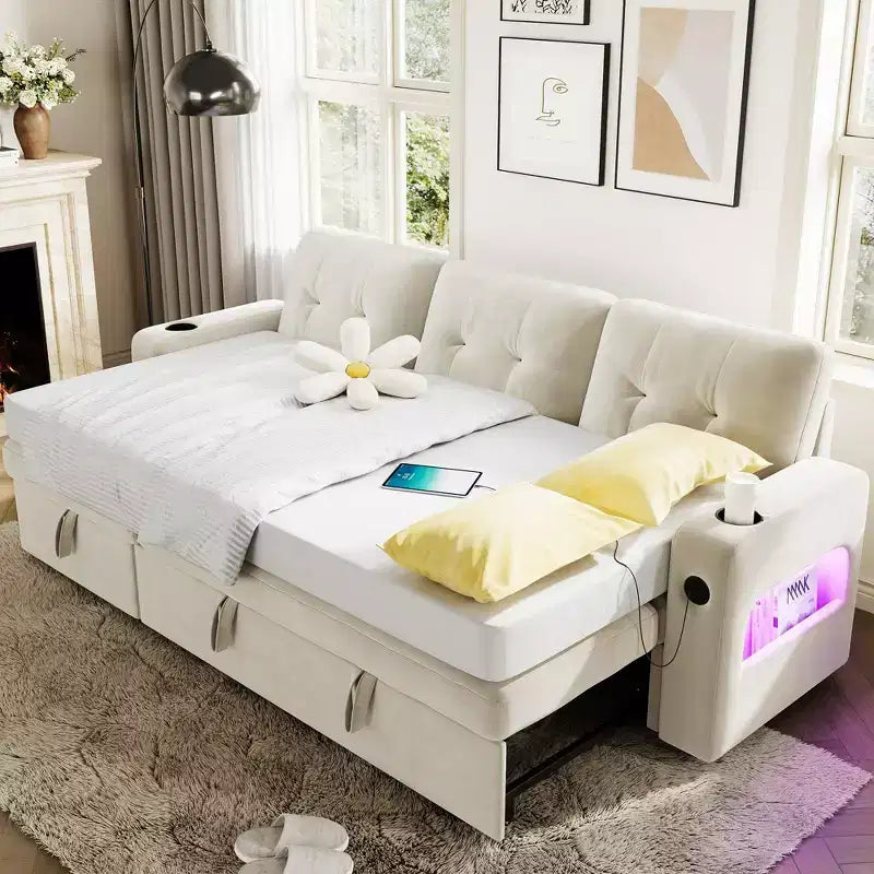 Canapé-lit 84 po avec rangement et station de recharge, Canapé sectionnel convertible avec lit gigogne, Canapé en velours pour salon