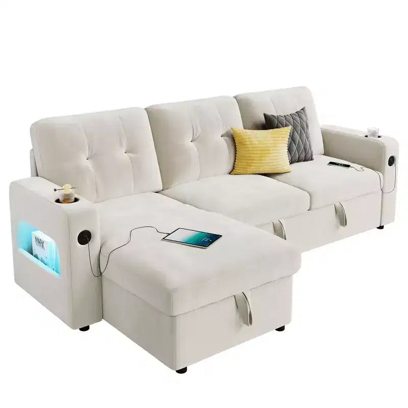 Canapé-lit 84 po avec rangement et station de recharge, Canapé sectionnel convertible avec lit gigogne, Canapé en velours pour salon