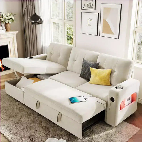 84 Sleeper Sofa with Storage & Charging Station, Convertible Sectional Sofa Bed with Pull-Out Bed, Velvet Couch for Living Room