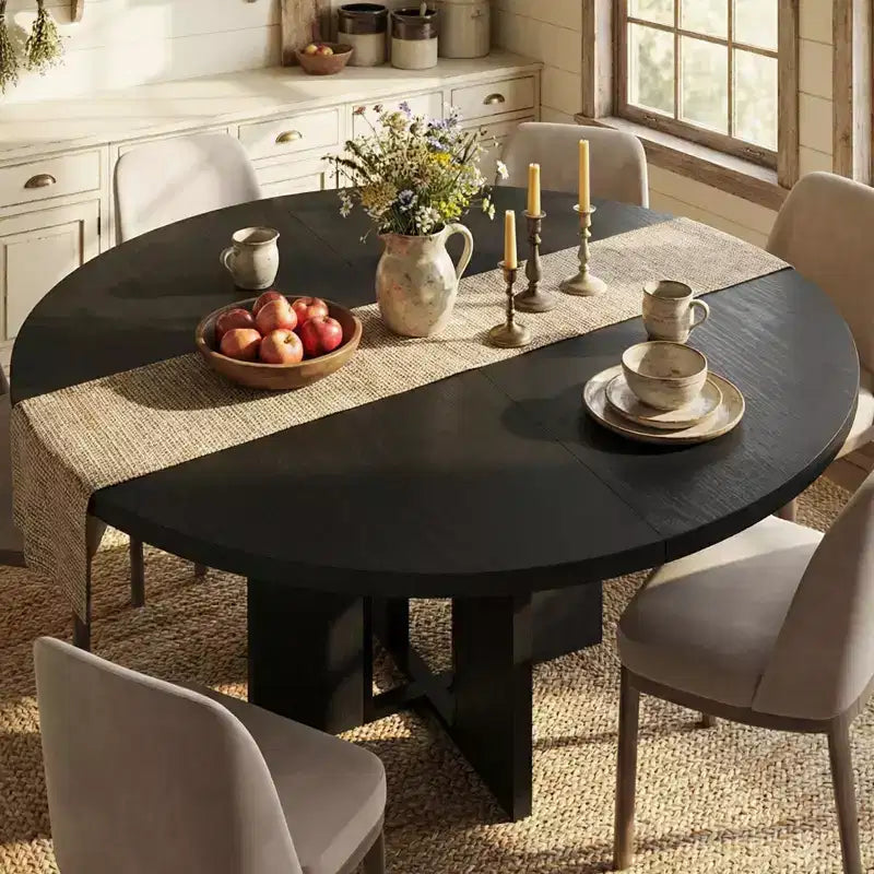 LinTimes 47-63 Table à Manger Ronde Extensible, Ferme en Bois pour 4 à 8 Personnes, Pieds Larges et Support Métallique Robuste, Gain de Place pour Cuisine et Appartement