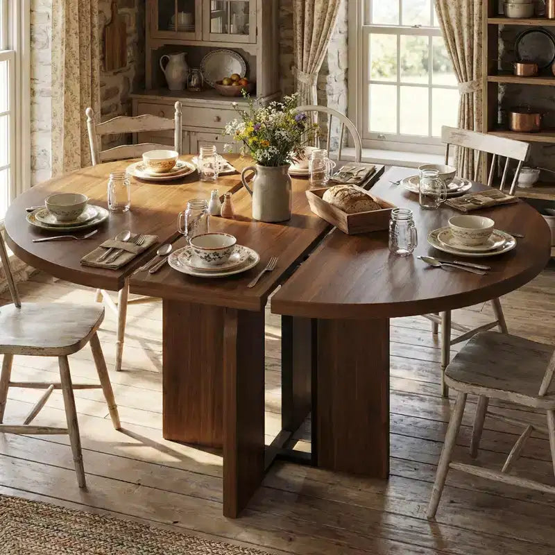 LinTimes 47-63 Table à Manger Ronde Extensible, Ferme en Bois pour 4 à 8 Personnes, Pieds Larges et Support Métallique Robuste, Gain de Place pour Cuisine et Appartement