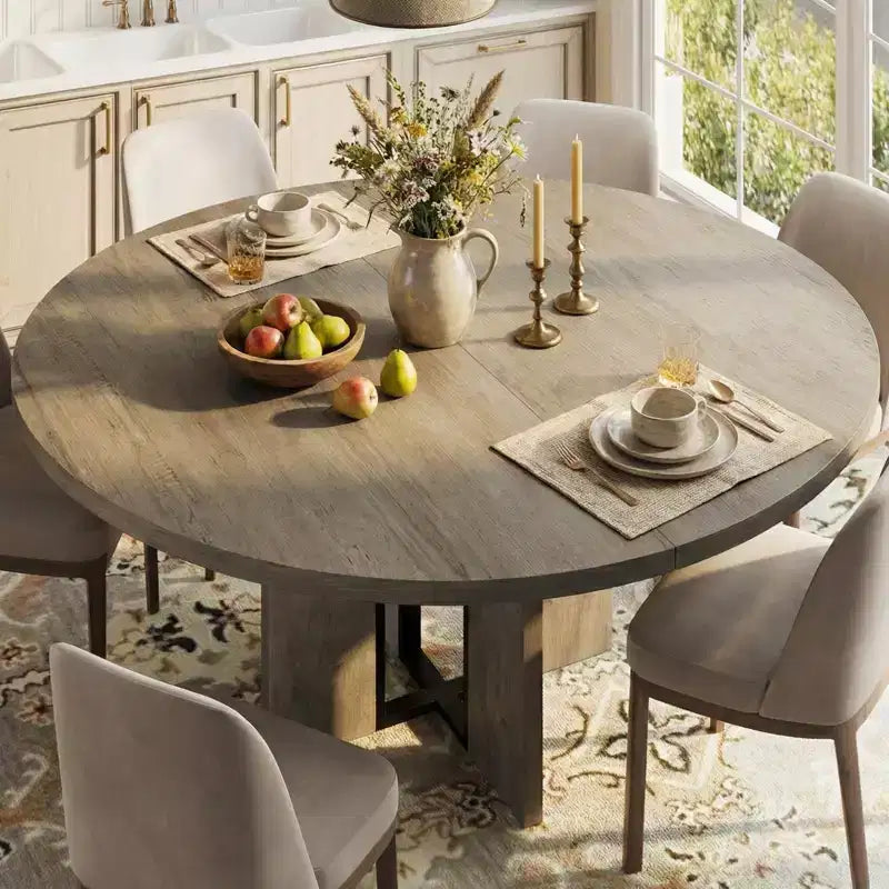 LinTimes 47-63 Table à Manger Ronde Extensible, Ferme en Bois pour 4 à 8 Personnes, Pieds Larges et Support Métallique Robuste, Gain de Place pour Cuisine et Appartement