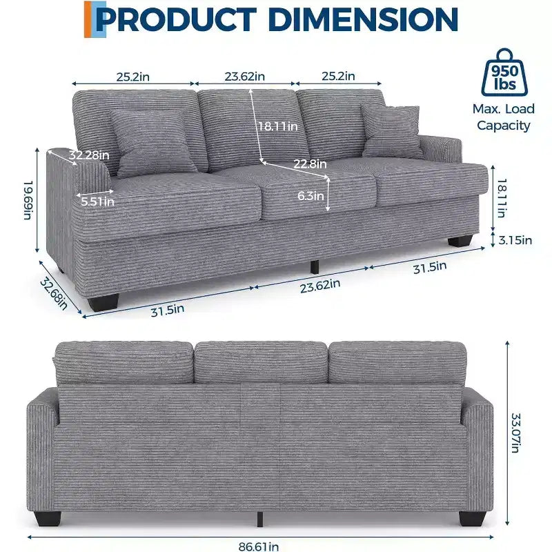 SunnyFurn 86 Canapé Nuage en Peluche, 3 Places avec Assise Profonde, 2 Coussins de Dossier Amovibles et Coussins Décoratifs pour Salon/Chambre/Appartements