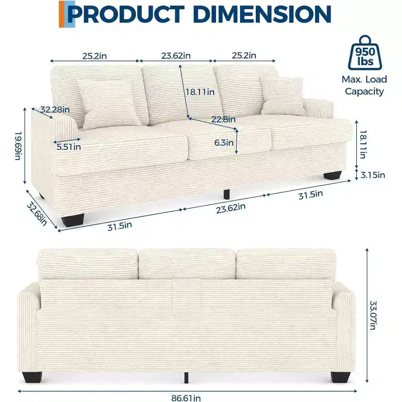 SunnyFurn 86 Canapé Nuage en Peluche, 3 Places avec Assise Profonde, 2 Coussins de Dossier Amovibles et Coussins Décoratifs pour Salon/Chambre/Appartements