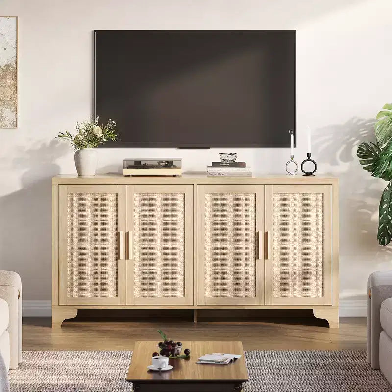 LinTimes Meuble de rangement en rotin naturel avec étagères, buffet à 4 portes, meuble TV console style bohème pour la maison