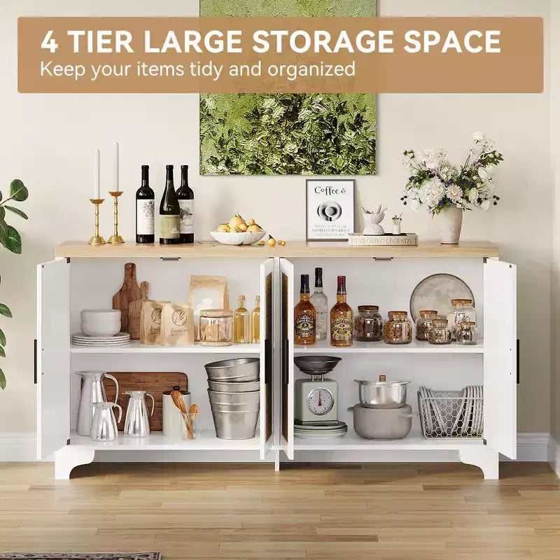 LinTimes Meuble de rangement en rotin naturel avec étagères, buffet à 4 portes, meuble TV console style bohème pour la maison