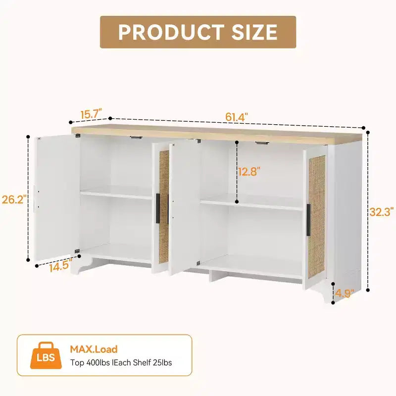 LinTimes Meuble de rangement en rotin naturel avec étagères, buffet à 4 portes, meuble TV console style bohème pour la maison