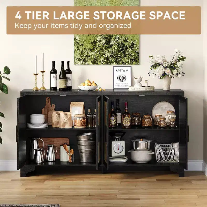 LinTimes Meuble de rangement en rotin naturel avec étagères, buffet à 4 portes, meuble TV console style bohème pour la maison