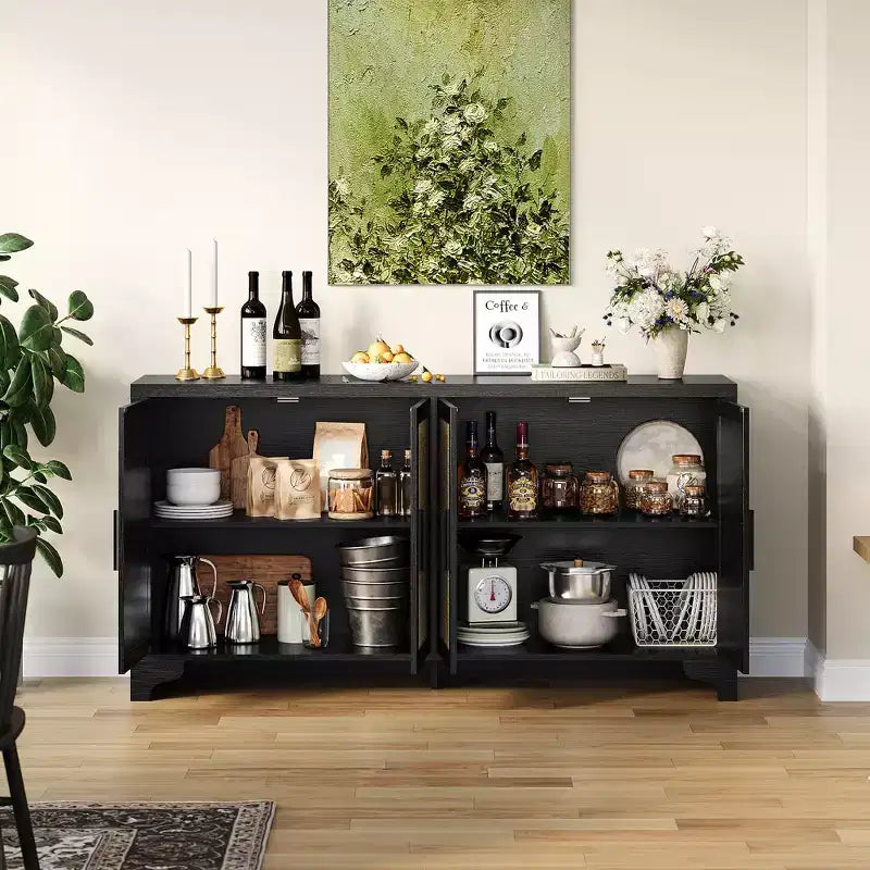 LinTimes Meuble de rangement en rotin naturel avec étagères, buffet à 4 portes, meuble TV console style bohème pour la maison