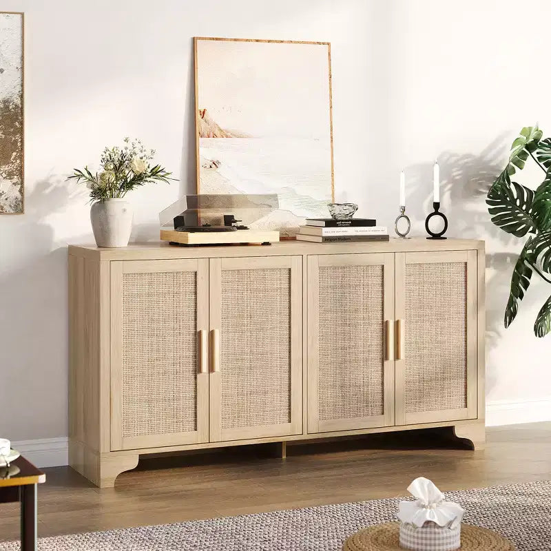 LinTimes Meuble de rangement en rotin naturel avec étagères, buffet à 4 portes, meuble TV console style bohème pour la maison