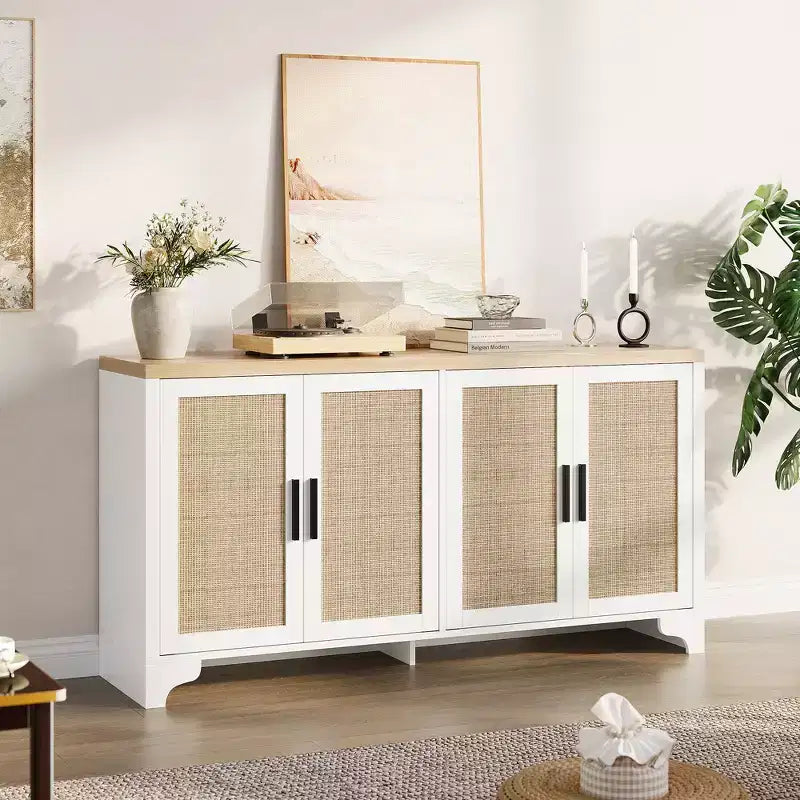 LinTimes Meuble de rangement en rotin naturel avec étagères, buffet à 4 portes, meuble TV console style bohème pour la maison
