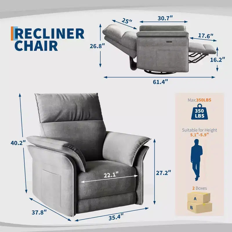 Fauteuil inclinable LinTimes Power Swivel Glider  Fauteuil inclinable individuel moderne, pivotant à 270°, accoudoirs incurvés à double couche, pour salon