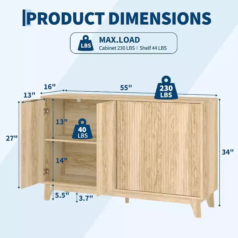 LinTimes 55 — Buffet cannelé avec étagères réglables, meuble de rangement moderne pour salon, cuisine, entrée