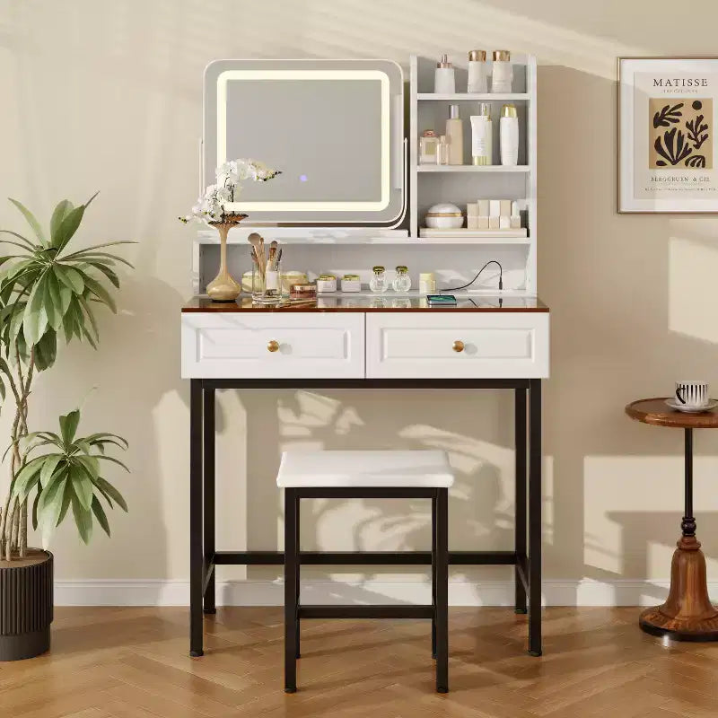 Table de Maquillage Coiffeuse avec Tabouret, Miroir Rotatif à 360° avec 3 Couleurs d'Éclairage, Prise Électrique, Tiroir à Séparateurs Réglables -ModernLuxe