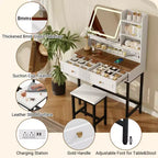Table de Maquillage Coiffeuse avec Tabouret, Miroir Rotatif à 360° avec 3 Couleurs d'Éclairage, Prise Électrique, Tiroir à Séparateurs Réglables -ModernLuxe