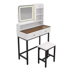 Table de Maquillage Coiffeuse avec Tabouret, Miroir Rotatif à 360° avec 3 Couleurs d'Éclairage, Prise Électrique, Tiroir à Séparateurs Réglables -ModernLuxe