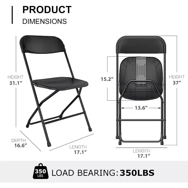 Chaise pliante en plastique, siège empilable portable avec cadre en acier, capacité de 159 kg pour bureau intérieur/extérieur, mariage, fête, cuisine, salle à manger