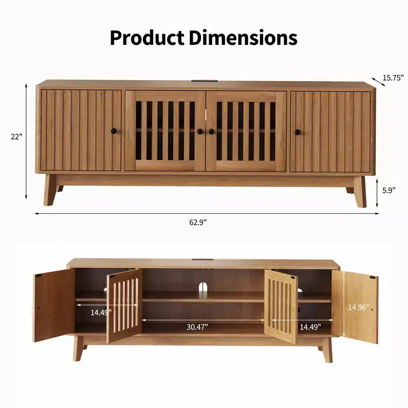 Meuble TV Meuble de Divertissement avec Prises de Courant, Meubles de Rangement à 4 Portes, Table Console Média 62,9" pour Téléviseurs de 43 à 70 Pouces, Étagères Réglables