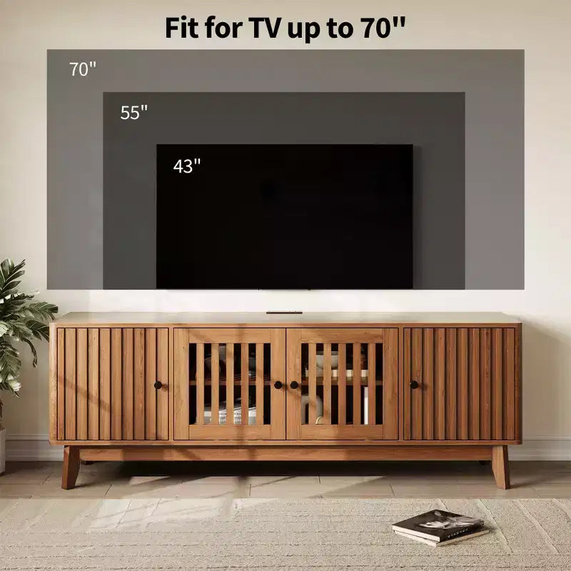 Meuble TV Meuble de Divertissement avec Prises de Courant, Meubles de Rangement à 4 Portes, Table Console Média 62,9" pour Téléviseurs de 43 à 70 Pouces, Étagères Réglables