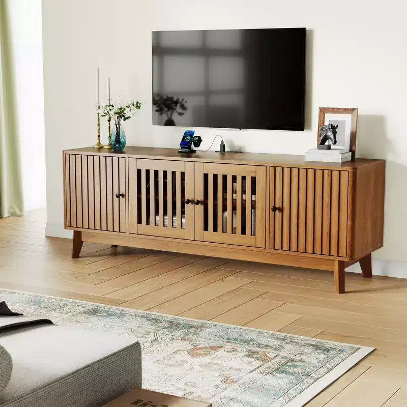 Meuble TV Meuble de Divertissement avec Prises de Courant, Meubles de Rangement à 4 Portes, Table Console Média 62,9" pour Téléviseurs de 43 à 70 Pouces, Étagères Réglables