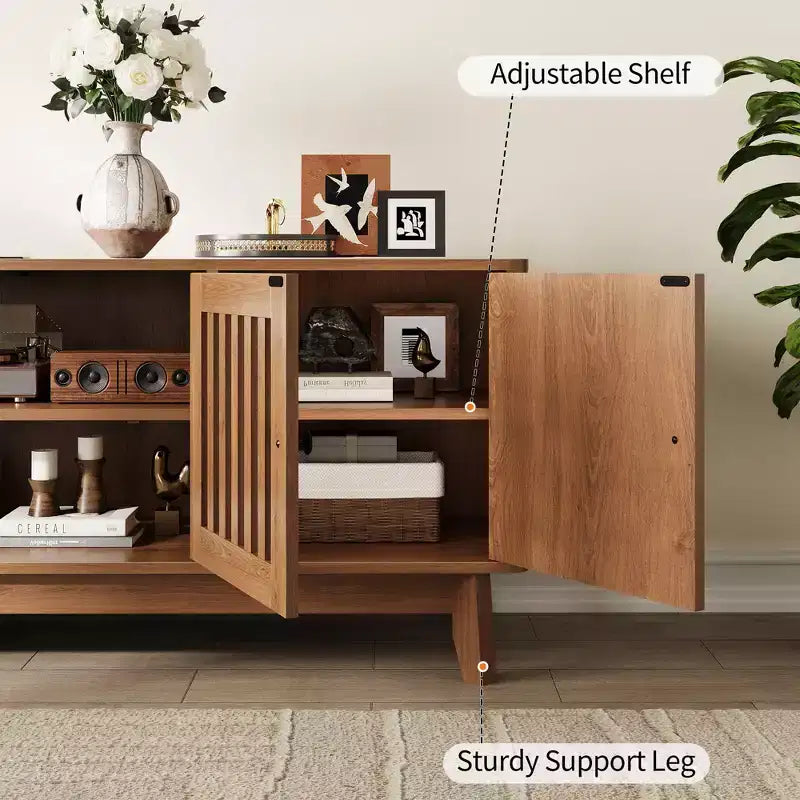 Meuble TV Meuble de Divertissement avec Prises de Courant, Meubles de Rangement à 4 Portes, Table Console Média 62,9" pour Téléviseurs de 43 à 70 Pouces, Étagères Réglables